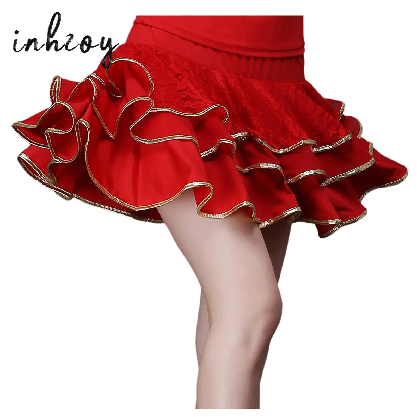 

Womens Latin Dance Lotus Skirt Contrast Color Trim Tiered Ruffled Hem Swing Skirt Chacha Tango Short Skirt Modern Dance Costume