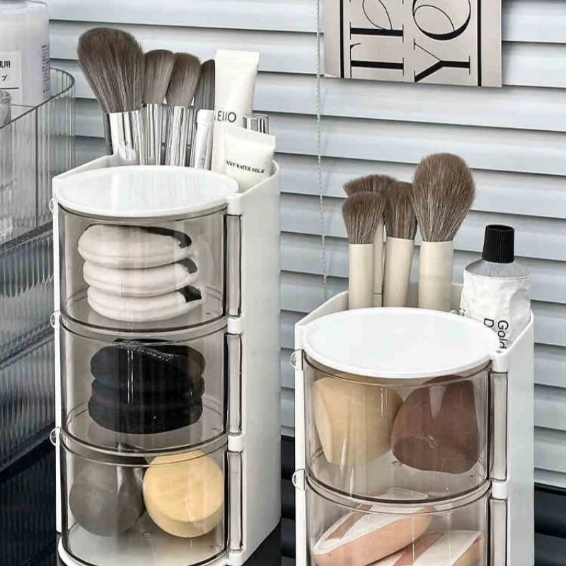 Makeup Brush, Powder Puff Storage Box, Rotating Dust-Proof Desktop, Makeup Cotton, Beauty Egg Storage Rack, Dressing Table