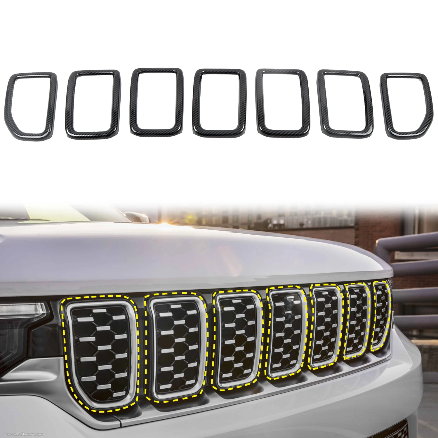 

Car Accessories for Jeep Grand Cherokee L 2022 2023 Carbon Fiber Printed Front Center Grille Molding Cover Trim 7pcs