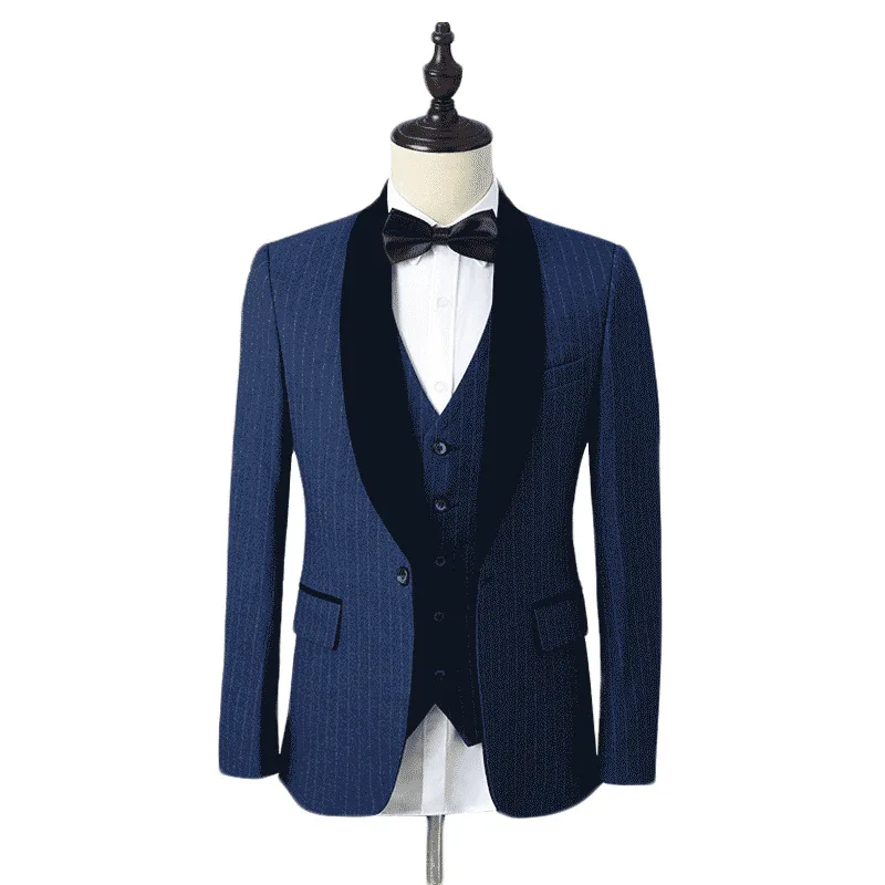 

Shawl Lapel Verticla Stripe Smart Casual Wedding Business Jacket Vest Pants In Stocks Blazer Men Suits