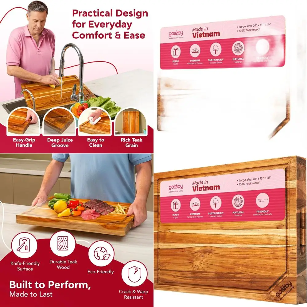 

Разделочная доска из тикового дерева ручной работы, 20 x 15 x 1,5 — Премиум, сбалансированная для повара, легко очищаемая, удобная для ножей, доска для бордюров