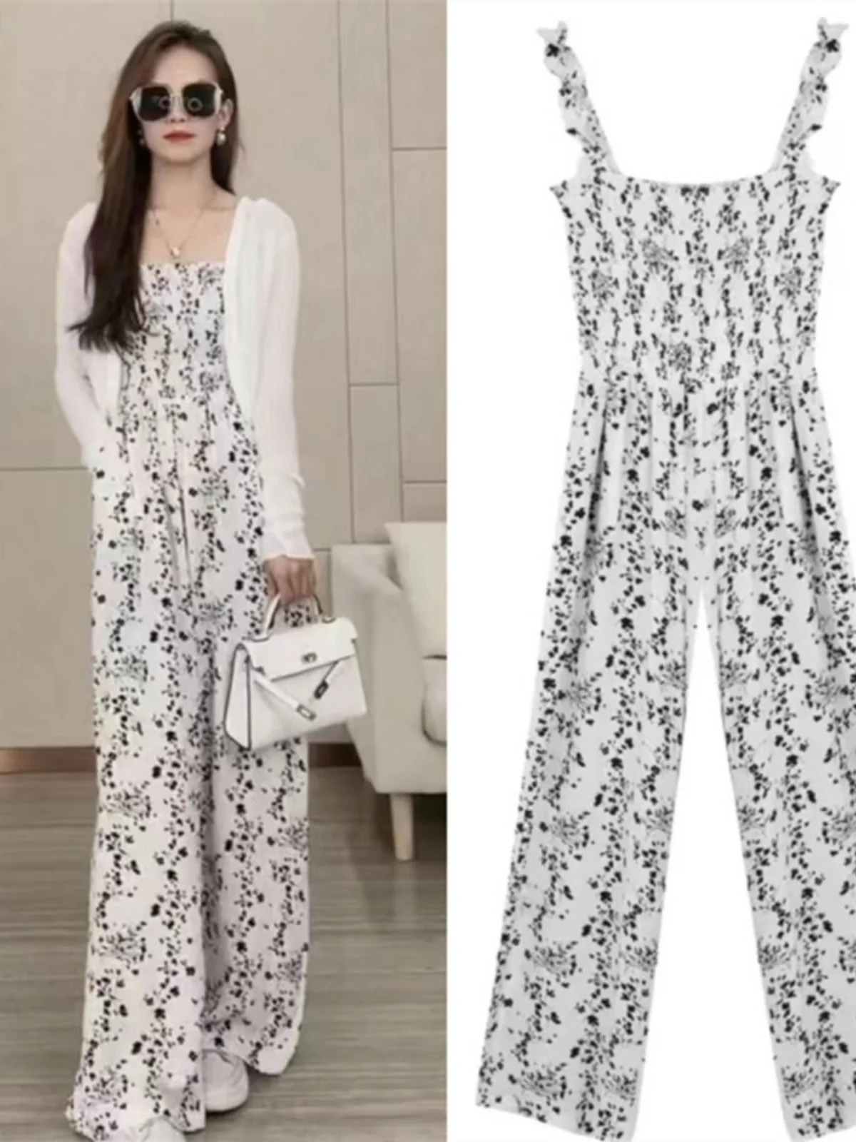 

Floral Print Wide Leg Jumpsuit Women's High Waist Elastic Bandage Slimming Floral Strap Jumpsuit Commute Sle Long Pants
