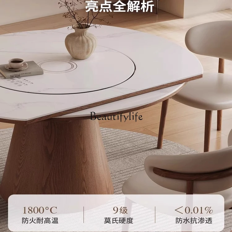 Vintage Style Multifunctional Extendable Round and Square Stone Dining Table with Induction Cooker and Warm Dish Tray