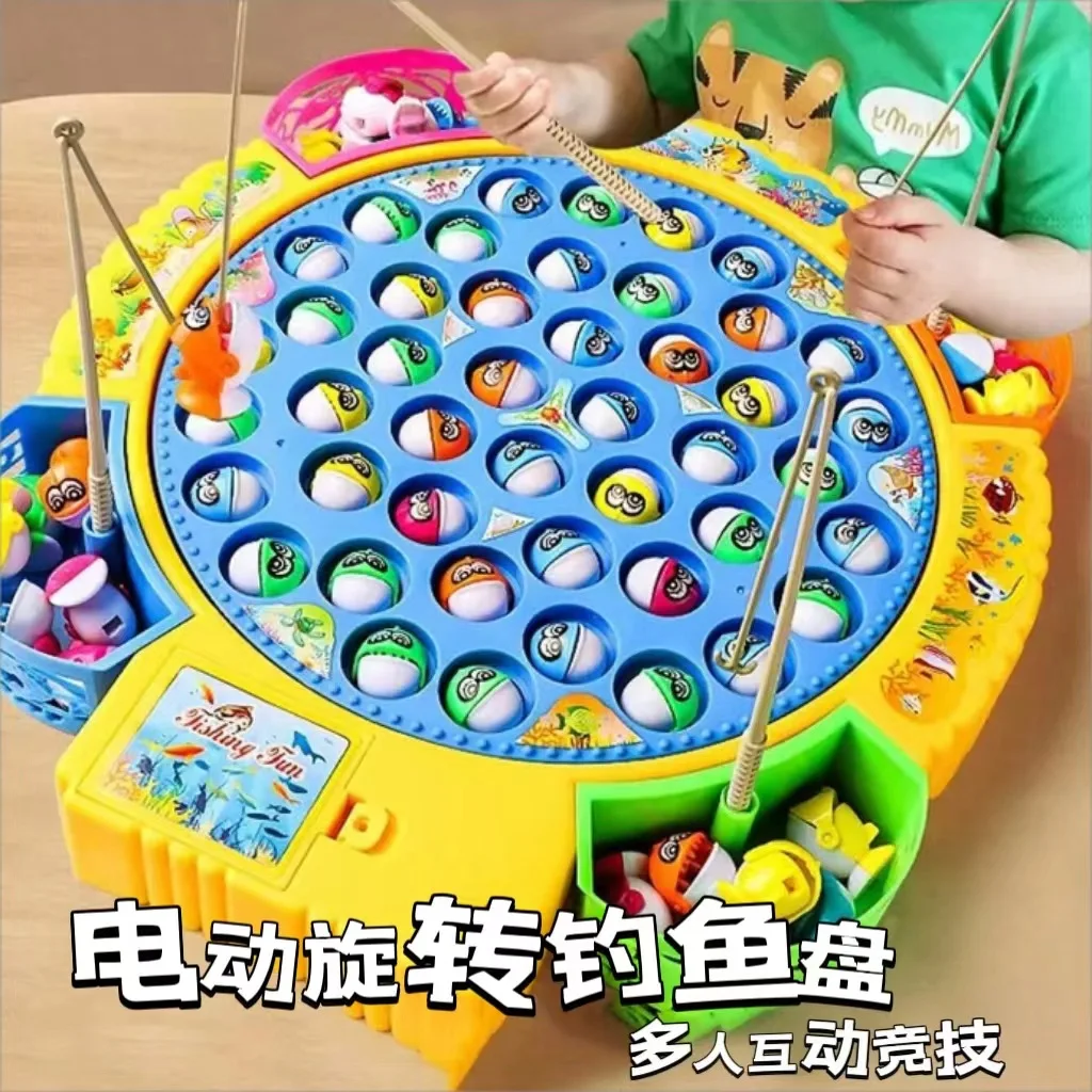Set mainan memancing anak-anak dengan piring putar musik elektrik, ikan palsu, puzzle magnetik, simulasi ikan, permainan memancing yang menyenangkan
