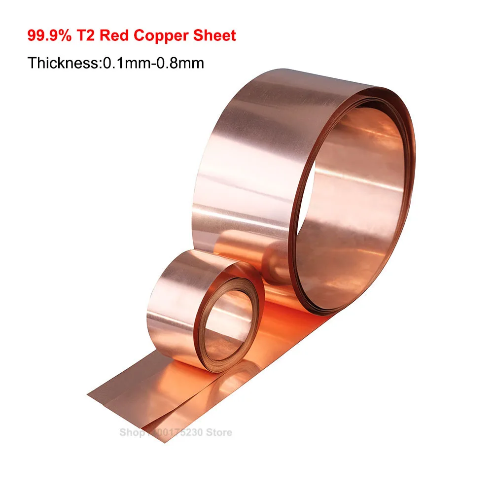 99.9% T2 Red Copper Sheet Roll Pure Copper Strip Ultra-thin Cu Metal Foil Plate Thickness 0.1/0.15/0.2/0.3/0.4/0.5/0.6/0.8mm