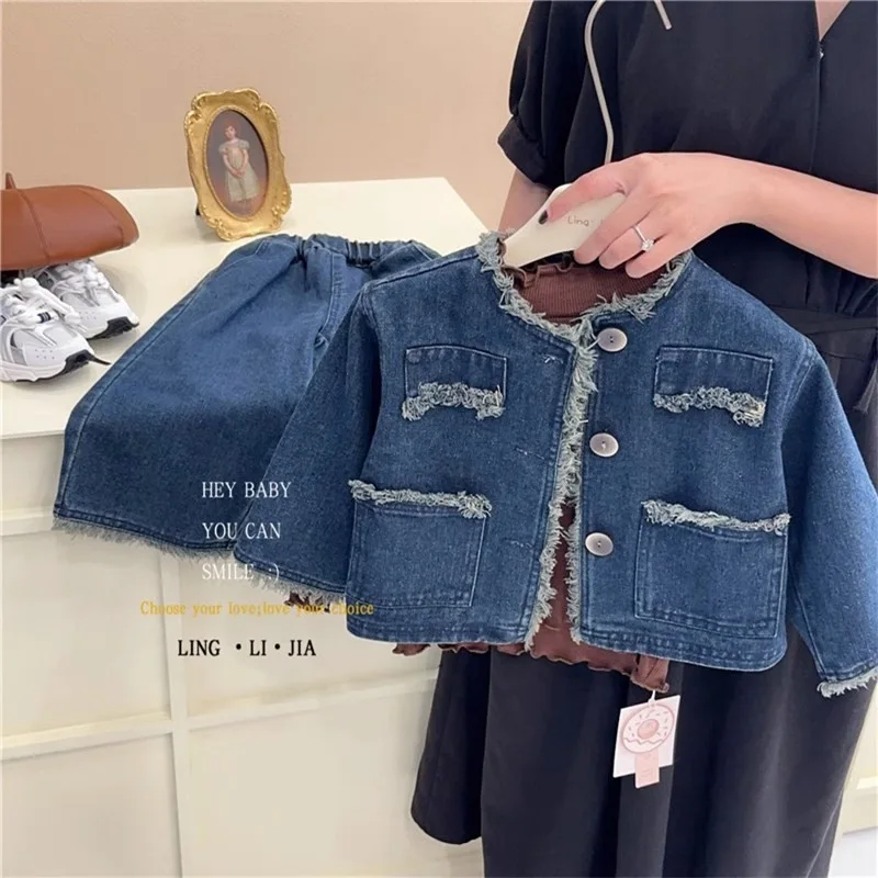

Children's Denim Two-Piece Set Autumn and winter Korean washed denim long-sleeve top+Wide Leg Pants Suit