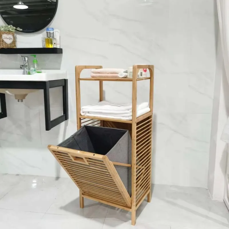 

Light Luxury Corner Bathroom Rack, Multi-Functional Storage Organizer, Floor-Standing Bamboo and Wood Dirty Clothes Basket