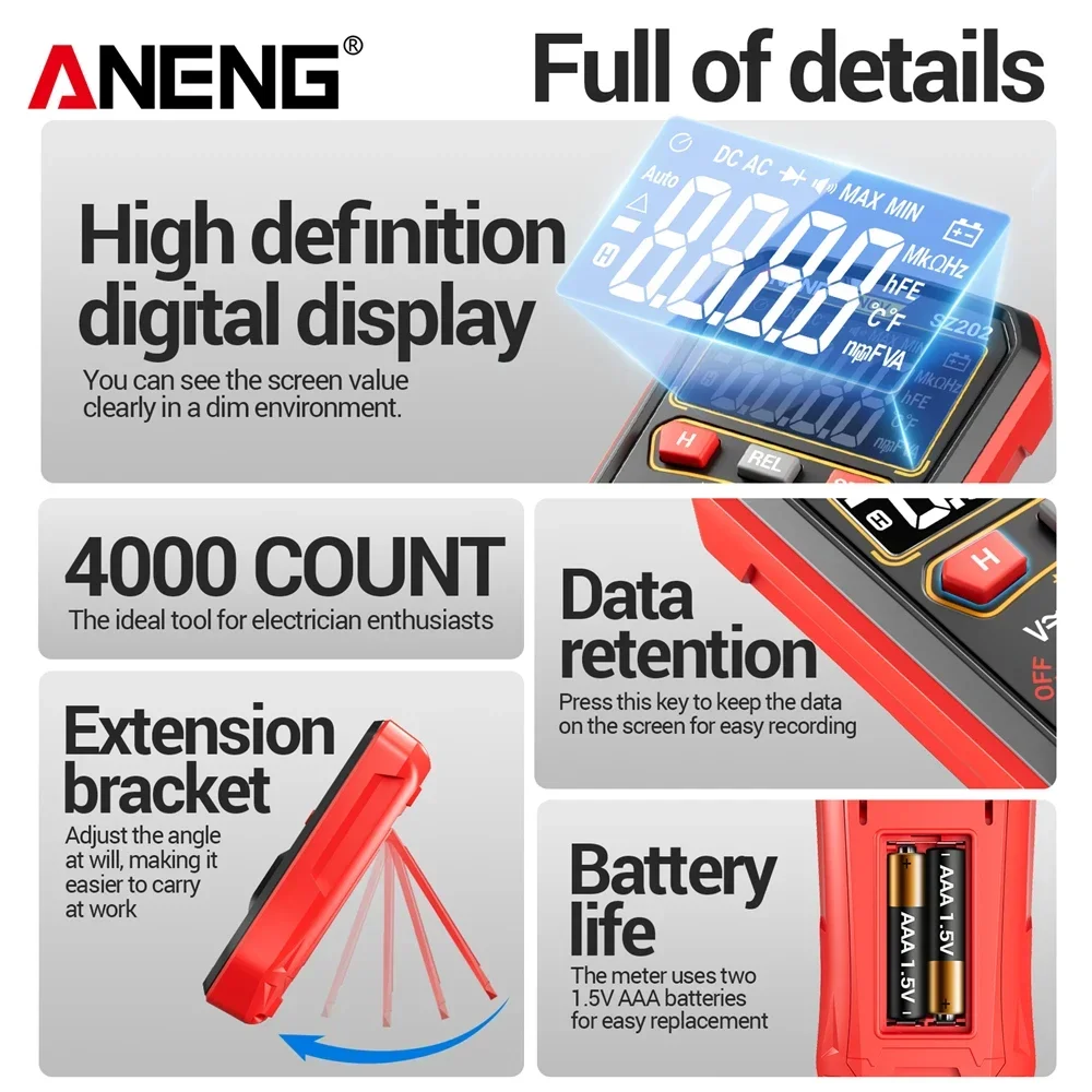 ANENG SZ202 4000 recuentos multímetro Digital probador zumbador voltaje CA/CC 10A medidor de corriente resistencia condensador NCV herramientas de prueba