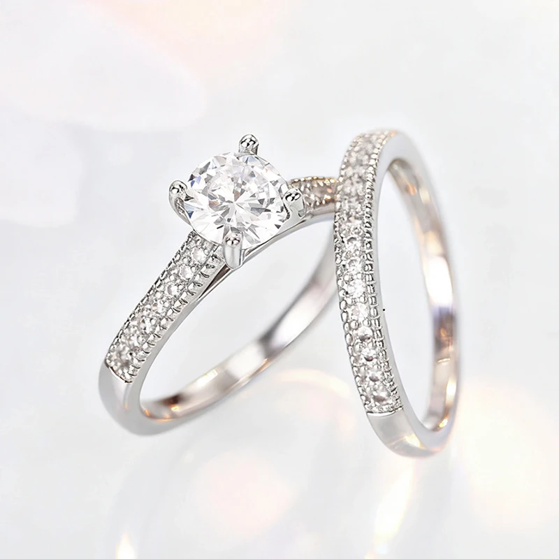 Women's Classic 2Pcs CZ Wedding Engagement Ring Set, Statement Gift