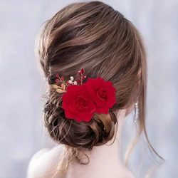 Red Flower Headband Pearl Hair Comb Clip For Women Pageant Crystal Haircomb Bridal Wedding Hair Accessories Jewelry Comb Clip