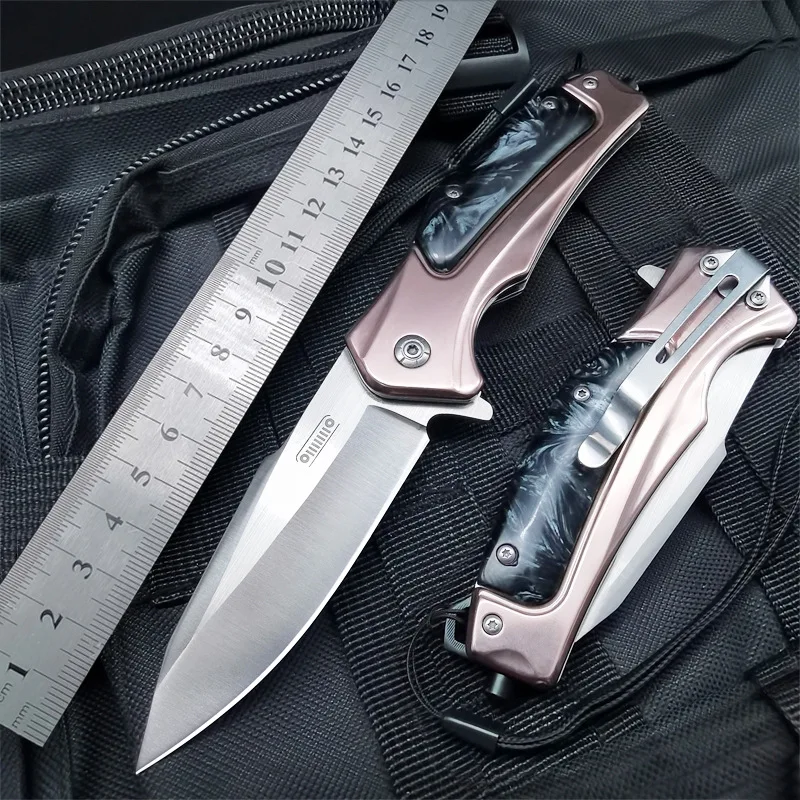 Cuchillo plegable de acero portátil para acampar para hombres al aire libre, cuchillos de supervivencia de bolsillo táctico militar para caza y pesca