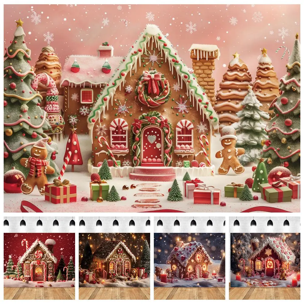 

AI Christmas Backdrop Gingerbread House Snow Xmas Tree Gifts Candy Cane Kids Birthday Family Portrait Photography Background