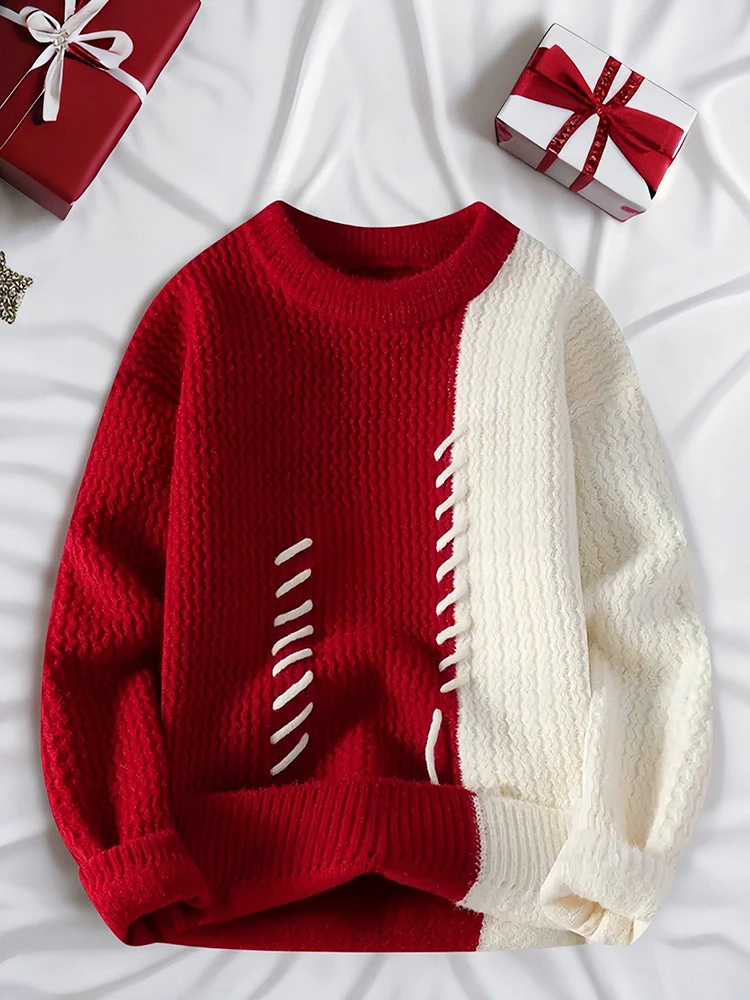 

Винтажный красный свитер Fair Isle для мужчин, зимний, в стиле колор-блок, свободного кроя, с длинными рукавами, круглым вырезом, для пар, верхняя одежда