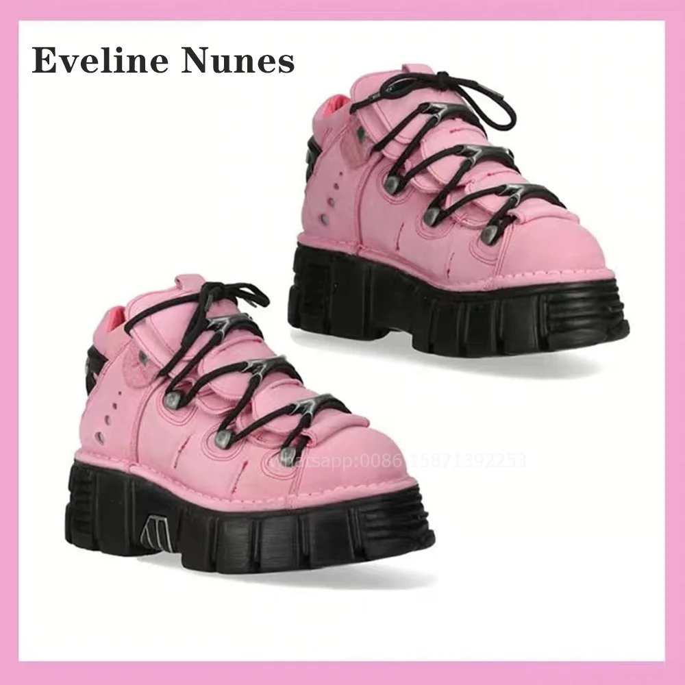 

Cross Tied Metal Decoration Pumps Round Toe Tank Soled Pink Women Sneakers Height Increasing Hollow Patchwork Shoes Punk Casual