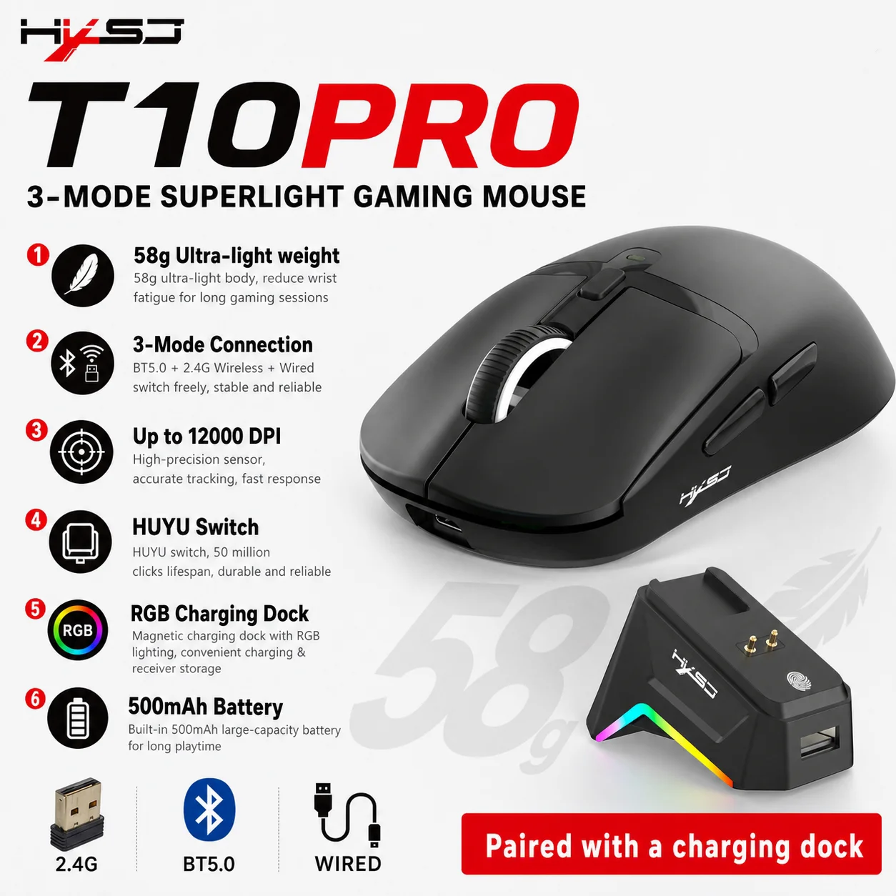 T10PRO 3‑Mode Gaming Mouse 58g Ultra‑light 12000DPI HUYU 50M Click Wireless Mouse With RGB Charging Dock For Laptop PC Gamer