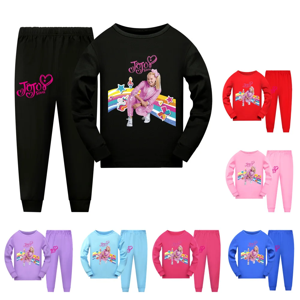 New Kids JOJO SIWA Pajamas Set Cotton Long Sleeved T-shirt+Pants Cartoon Girl Clothing Autumn 2Pcs Sleepwear Suit Pyjama