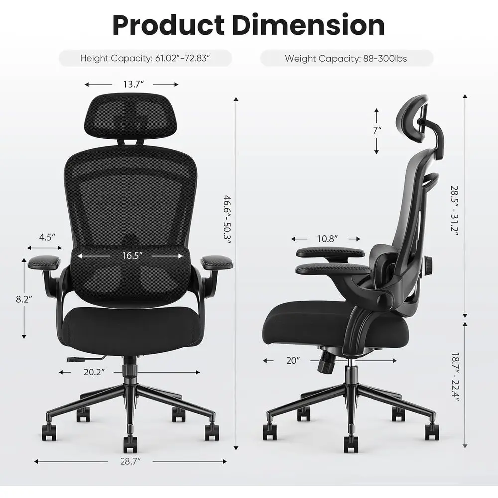 Office Chair Ergonomic Desk Chair, 300 LBS Home Mesh Office Desk Chairs with Wheels, 2D Headrest, Up&Down Lumbar Support, Swivel