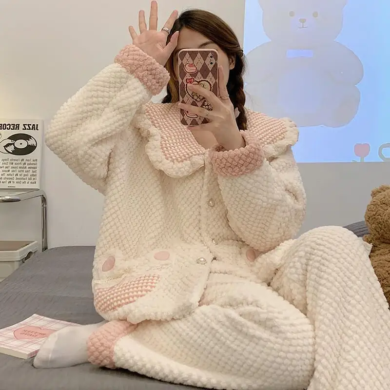

Women's Pajama Set Autumn Winter New Warm Thick Flannel Cute Thick Comfortable Sleepwear Long Loungewear Home Clothes for Girl