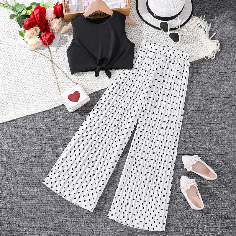 

2024 Summer Child Clothes Sets Sleeveless O Neck Tops Dot White Pants 2 Piece Sets Designer Girls Clothes Sets 8-12T