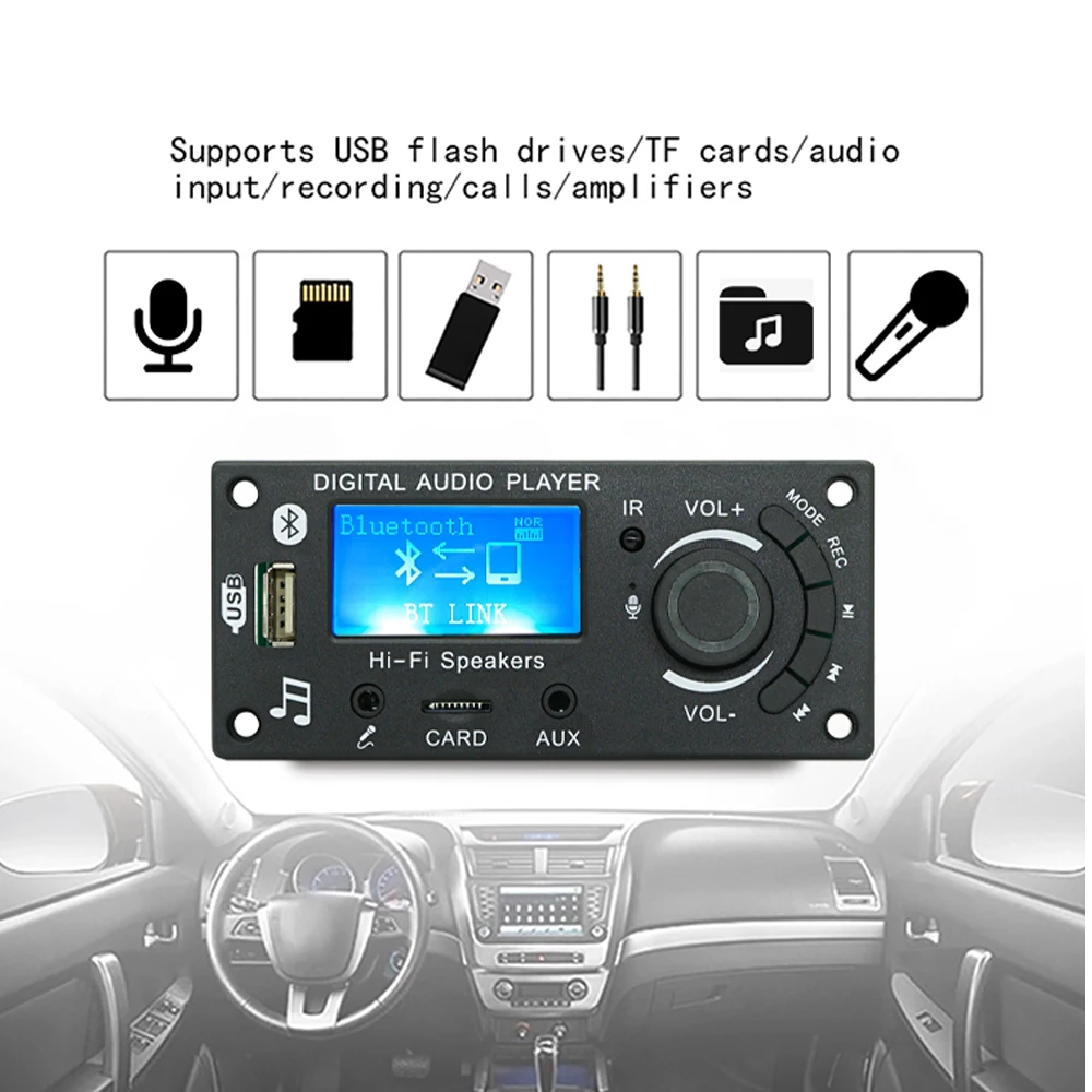 مكبر صوت سيارة MP3 لوح فك ترميز ، بلوتوث ، مشغل موسيقى ، وحدة FM ، ميكروفون ، TF ، USB ، مكالمة يدوية ، DC 12V
