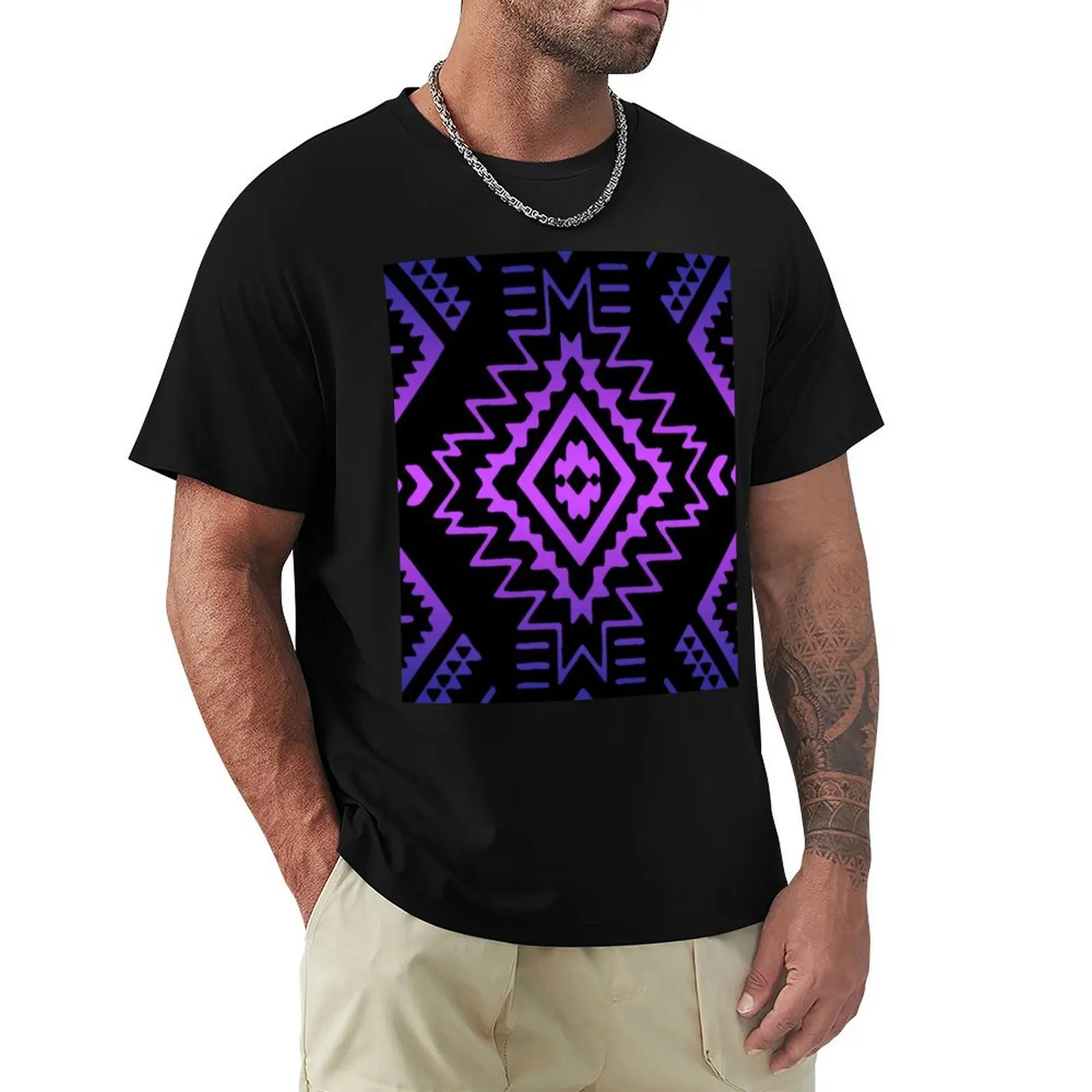 Black / Violet/ Light Purple Gradient Native Pattern T-Shirt Soft Casual Short Sleeve Cotton Tee