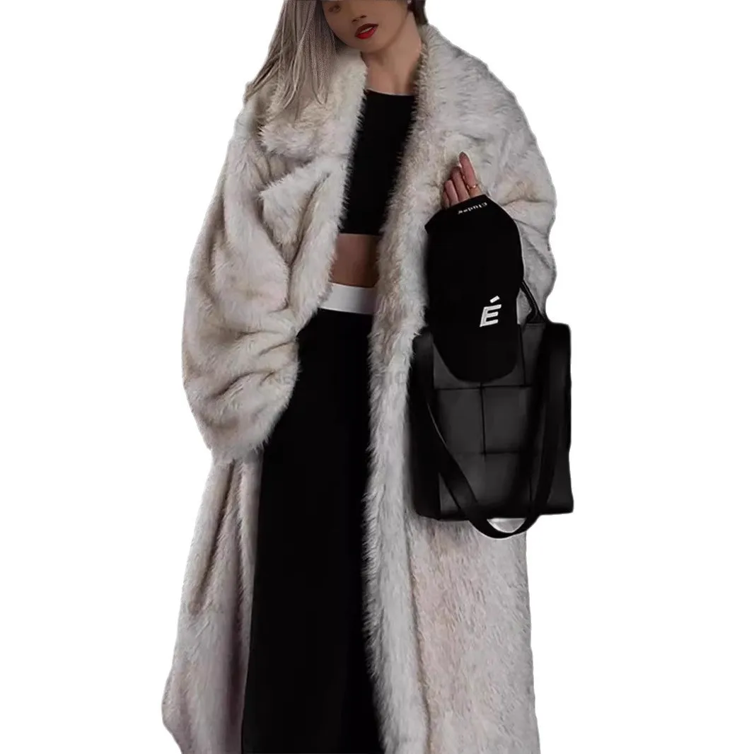 New Faux Fur Long Coat for Women Loose Fitting Suit Collar Elongated Fox Fur Streetwear Style Environmentally Friendly Fur