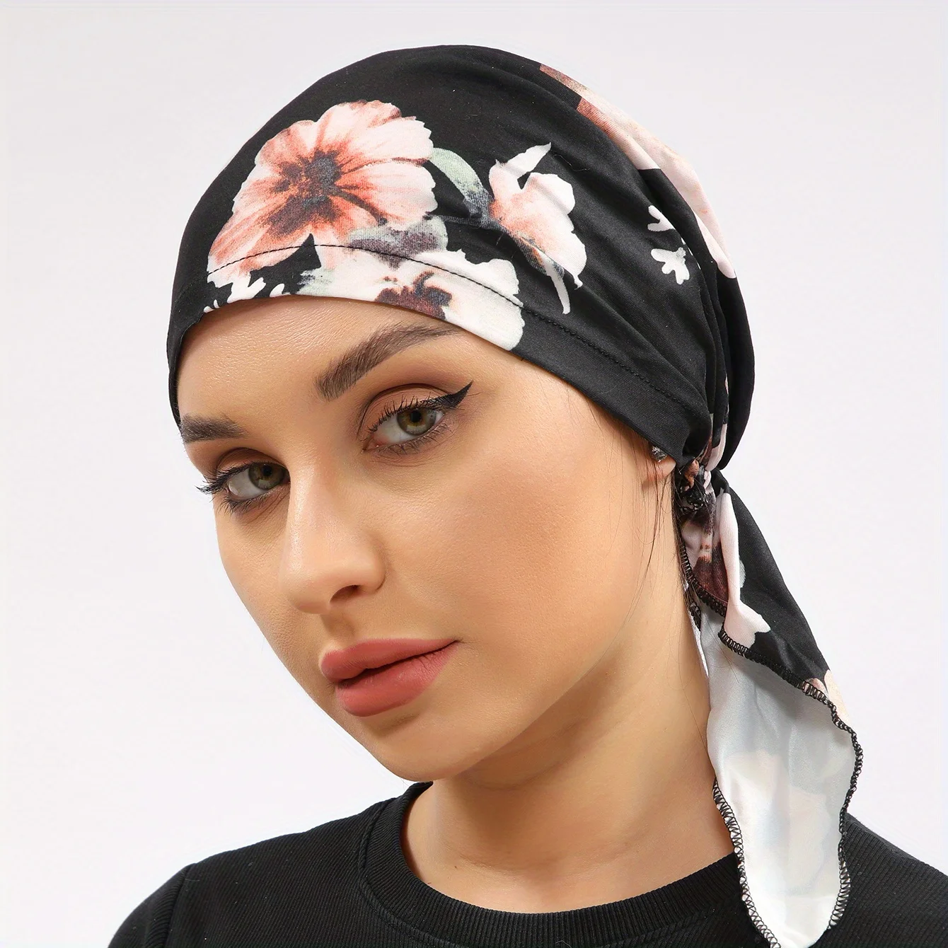 Womens Muslim Hijab Cancer Chemo Flower Black Print Hat Turban Cap Hair Loss Head Scarf Wrap Pre-Tied Headwear Strech Bandana