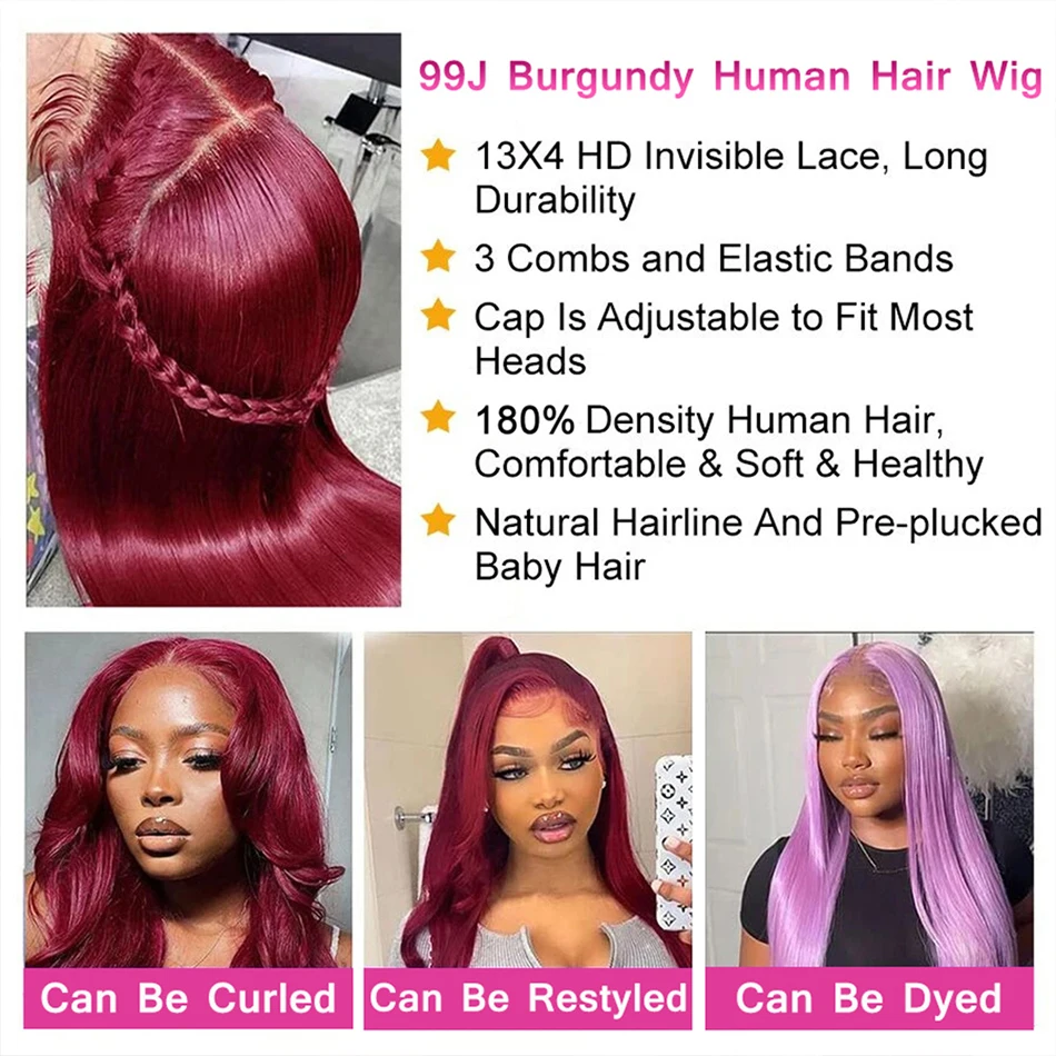 99j Burgundy 13x6 Hd Transparent Lace Frontal Wigs 13x4 Colored Bone Straight Brazilian Glueless Wig Human Hair Wear Lace Front