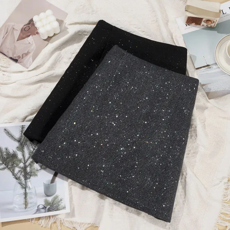 New Fashion Rhinestone Shiny Mini Skirt Woman Autumn Winter Thick Tweed Short Skirt High-End Sequin Party High Waisted Skirt