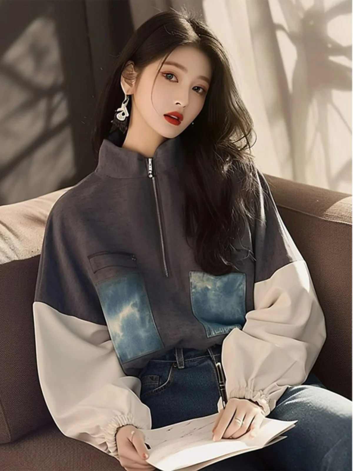 

Trendy Women's Long Sve Sweatirt Loose Printed f High Collar Winter Faionable Top Casual Comfortable Inner Wear