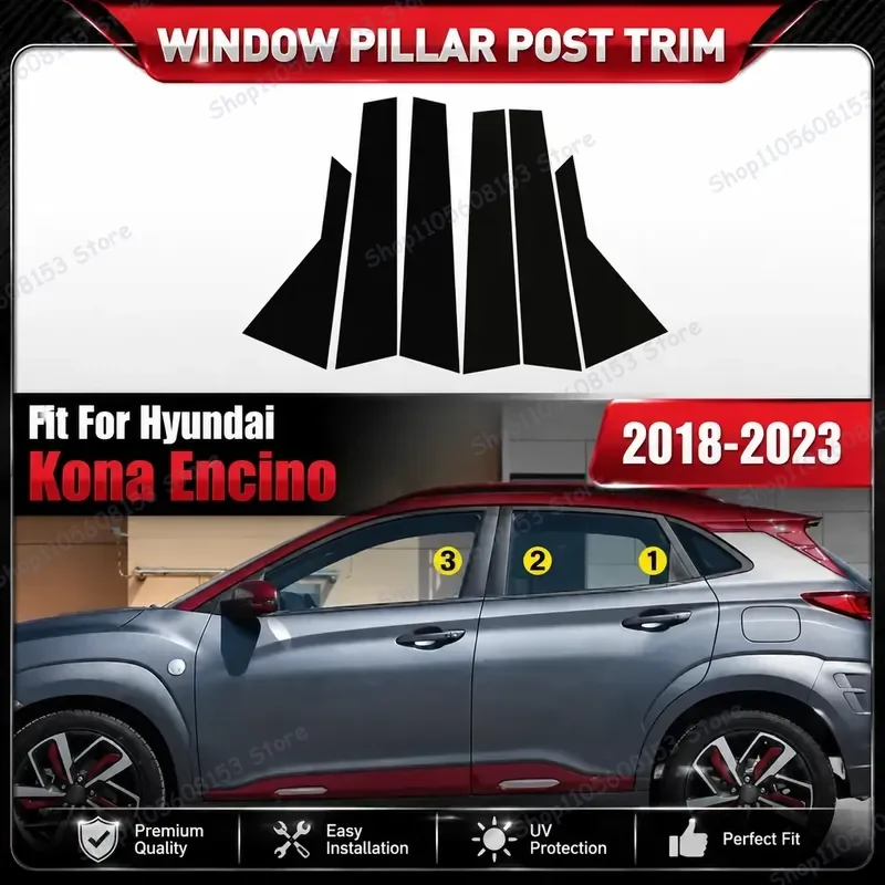 For Hyundai Encino Oncino KONA i20 Window Trim Kit Bright Black Plastic Center Pillar Sticker Car Interior Decoration