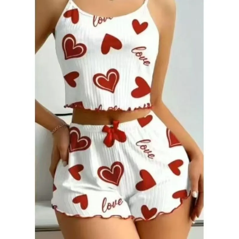 

Летняя домашняя одежда с сердечным узором на бретельках, короткие брюки, одежда для сна, женский уличный носимый комплект из двух предметов, удобная одежда для сна
