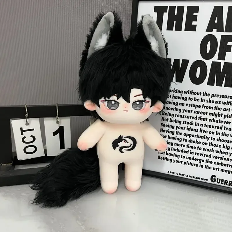 

20 см хлопковая кукла NUDE Kawaii со скелетом и без атрибутов, мужская кукла с ушками животных, большой хвост, волк, вышивка, кукла, подарок для мальчика