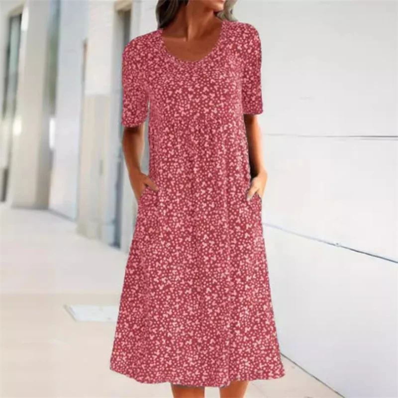 Women Sweet Style Small Flower High Waist Dresses O Neck Pullover Double Side Pockets Dress Elegant Female Commuter Casual Gown