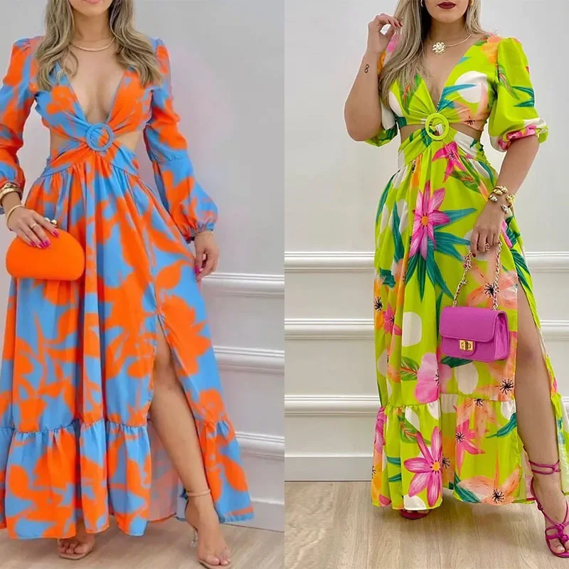 Summer Dress for Women Temperament Printed V-neck Long Dress Vintage Elegant Long Sleeve V-Neck Maxi Sundress Harajuku Dresses