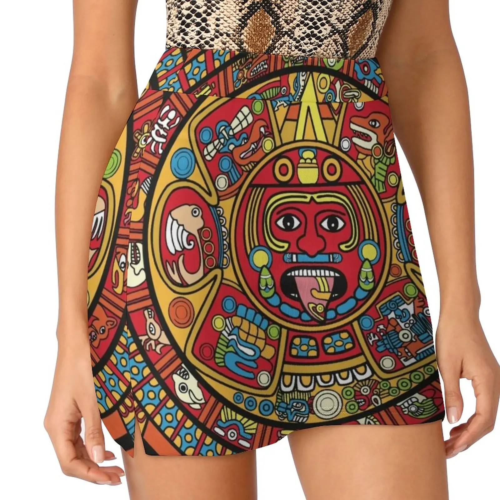 

Colorful Mayan Calendar Women's skirt With Hide Pocket Tennis Skirt Golf Skirts Badminton Skirts Running skirts Mayan Aztec God