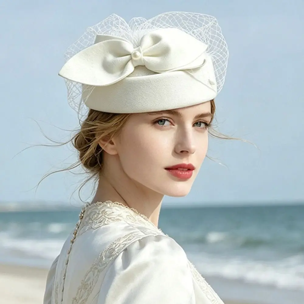 Fashion Elegant Mesh Wool Jazz Hat Warm Woolen Breathable British Style Hat Bowknot Veil Hat Evening Cocktail