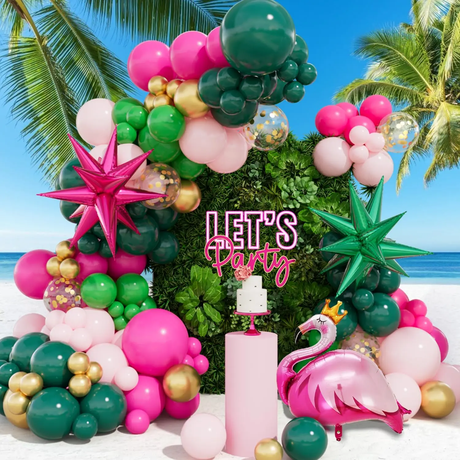 Tropisches Flamingo-Ballonbogen-Set mit rosa grünen Folienballons, goldenes Konfetti, hawaiianisches Strand-Geburtstagsdekor