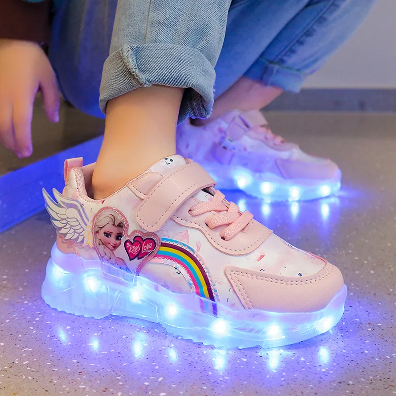 Disney Children\'s Casual Shoes LED Rechargeable Luminescent Shoes Cartoon Princess Elsa Girls Pink Sports Sneakers Size 26-35