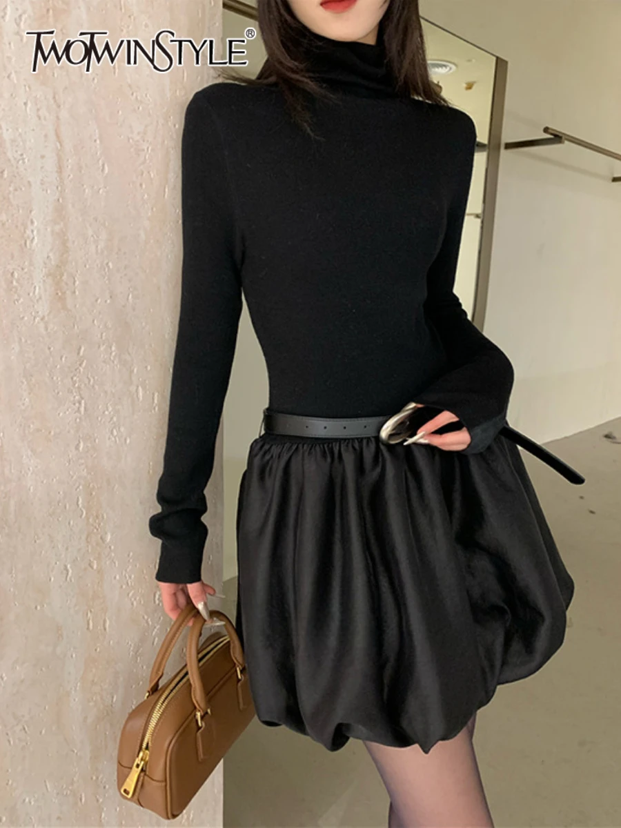 

TWOTWINSTYLE Solid Slimming Temperament Dresses for Women High Neck Long Sleeves Patchwork Ruffles Fold Dress Female Clothing