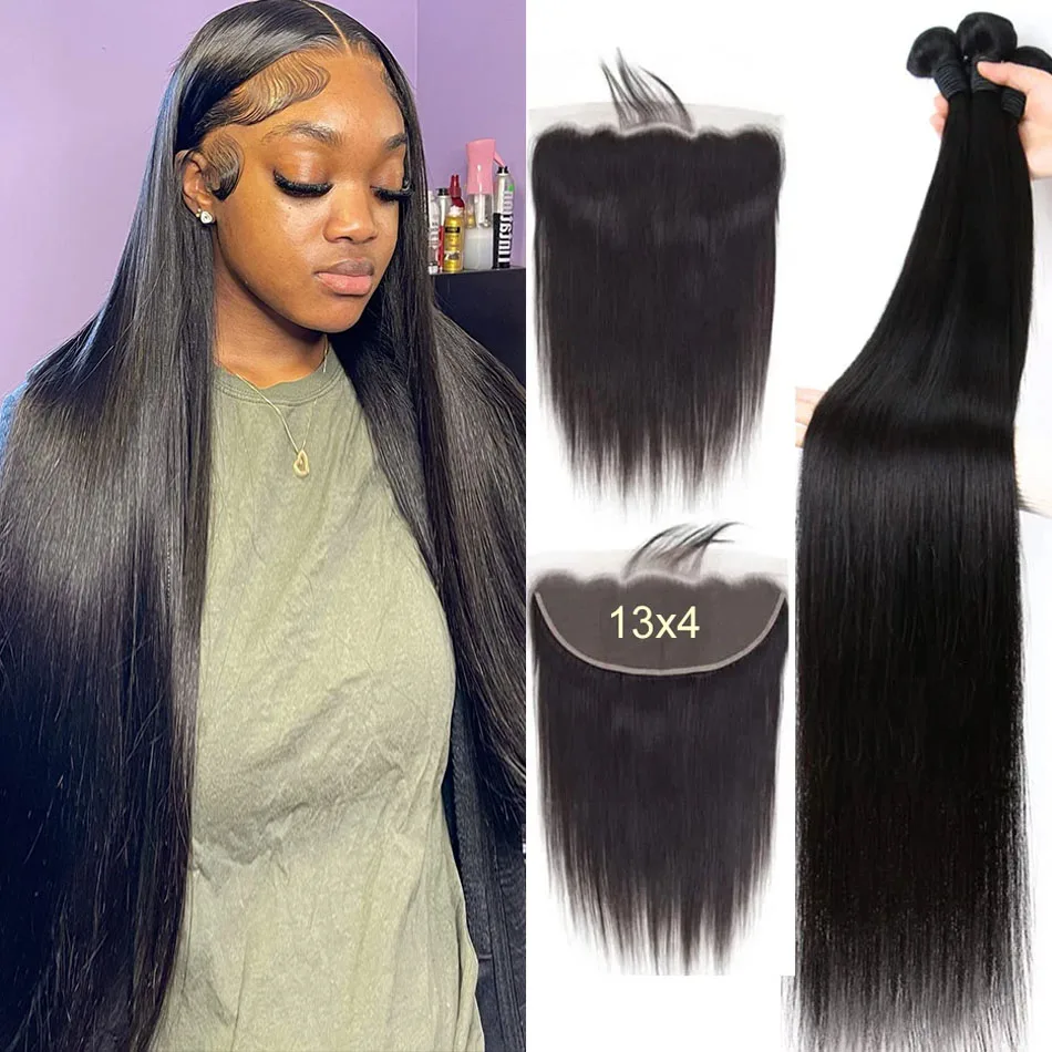 Bone Straight Human Hair Bundles With 13x4 HD Lace Frontal With Extensions Brazilian Weavings 3 Bundles With Closure for Women