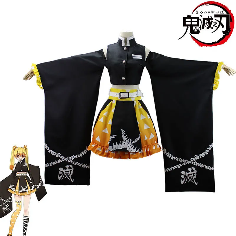 

Anime Agatsuma Zenitsu Cosplay Costume Sexy Off Shoulder Black Dress Lolita Skirt Wig Man Woman Kawaii Halloween Party Suit