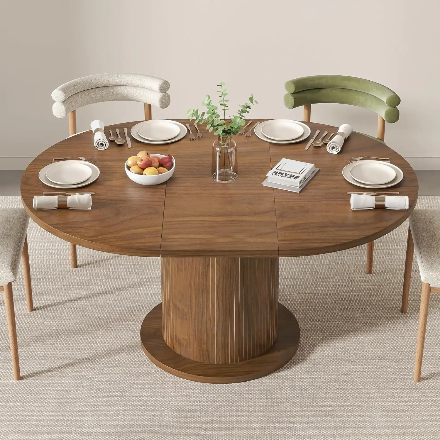 43.3 inch 59 inch Adjustable Size Round Dining Table for 4 6, Unique Design Modern Farmhouse Kitchen Table,for Kitchen Living Room (Walnut)