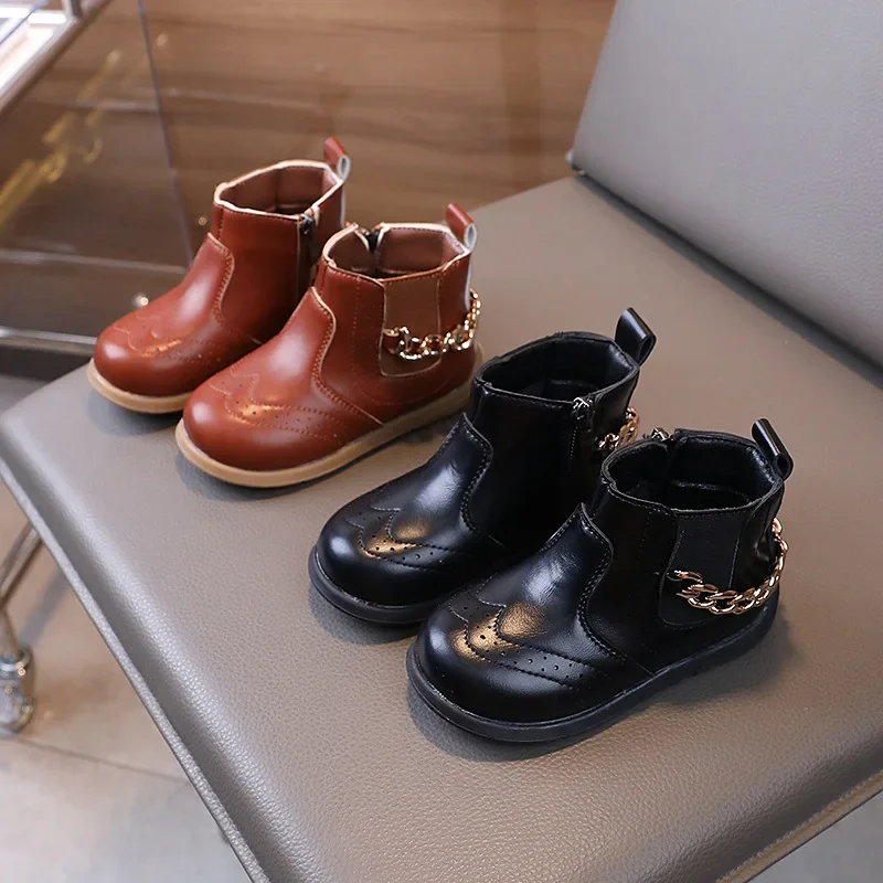 

Children's Boots for Girls Classic Chain Kids Causal Leather Short Boots Fashion Solid Color Toddlers Ankle Boots Simple Style