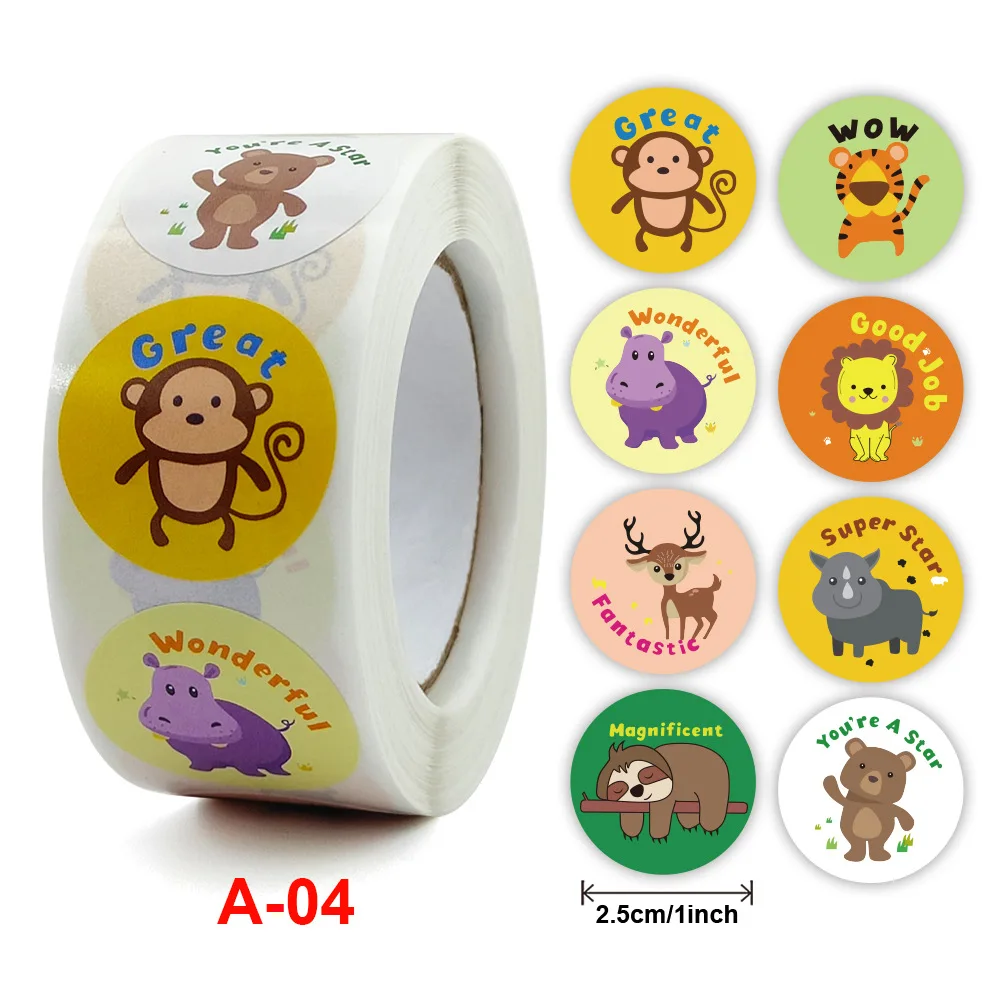 1inch 500Pcs/Roll of Reward Stickers Penguin Dinosaur Monkey Animals Motivation Sticker for Classroom Teacher Face Decoration