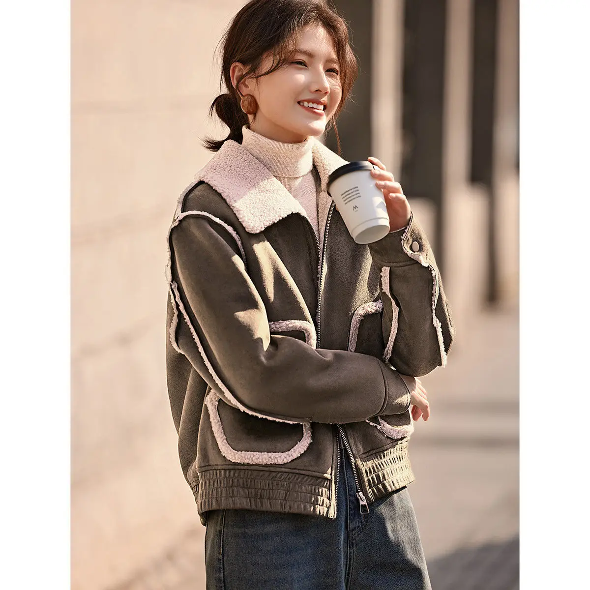 Women Suede Autumn Winter Thickened Simple Color Blocking Leather Jacket Versatile Fur Jacket Commuting Velvet Thick Short Coat