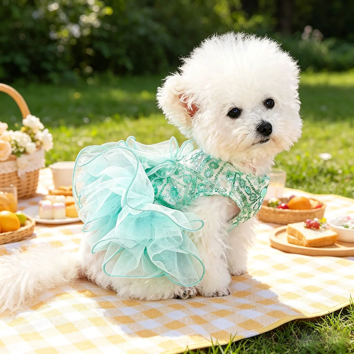 Glitzerndes Tüll-Hochzeitskleid, Sommer-Haustier-Outfit für kleine Hunde und Katzen, passend für Teddy, Bichon, Pomeranian, Yorkshire, Malteser – Detail 3