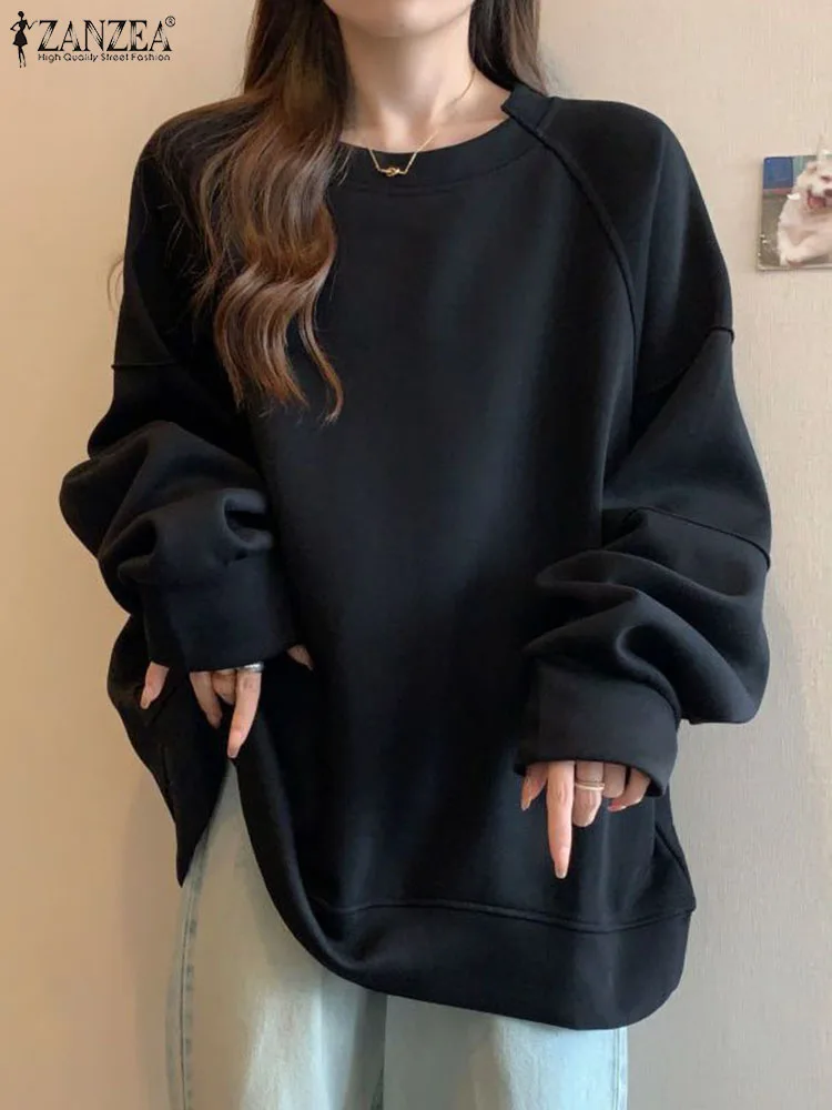 

ZANZEA Women Vintage Casual Tunics Oversize Sweatshirts Korean Autumn Loose Sweater 2024 Fashion Drop Shoulder Sleeve Pullovers