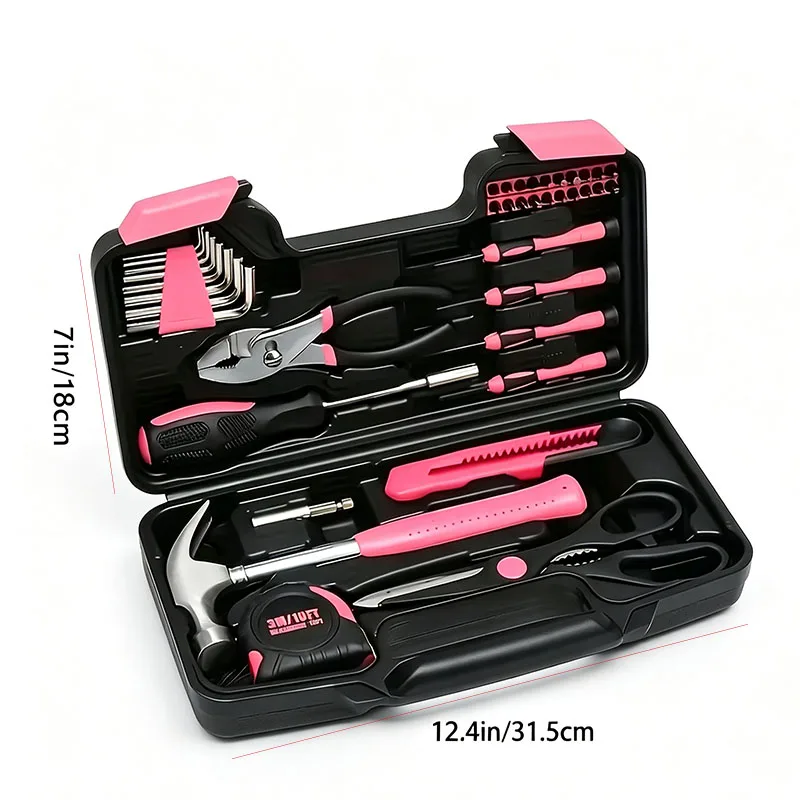 39PCS Pink Household Hand Tool Kit, Portable Hardware Repair Tool Set with Storage Case for Daily Home Maintenance Projects