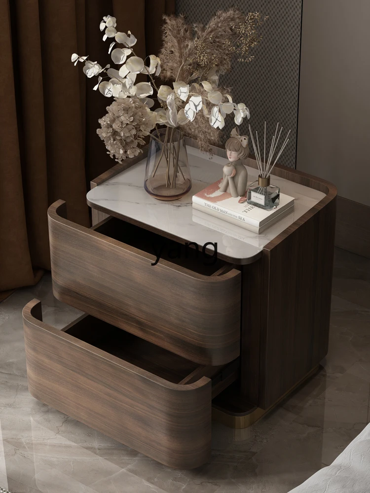 L'm'm Bedroom Walnut Color Wooden Leather Bedside Table Simple Bedside Stone Plate Storage Cabinet